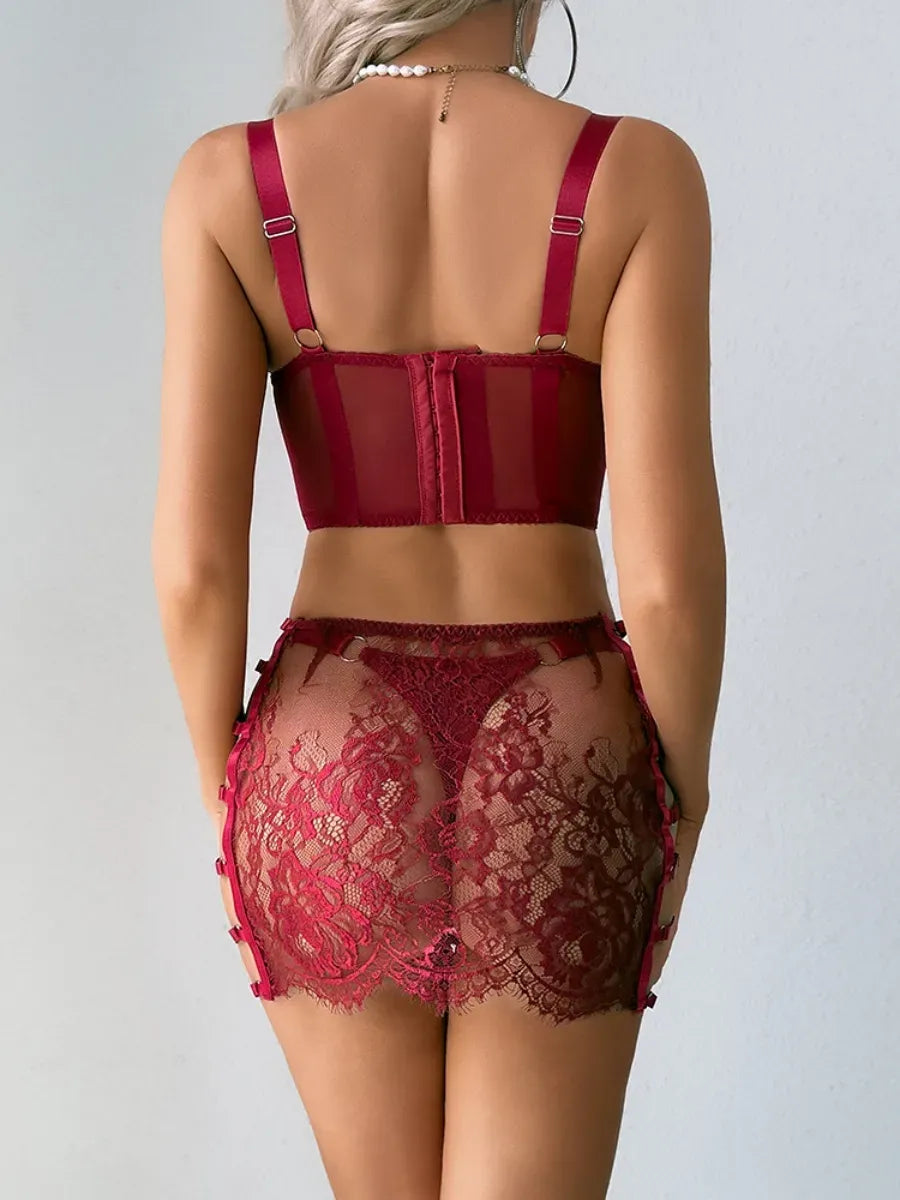 THEA - BURGUNDY LACE LINGERIE SET