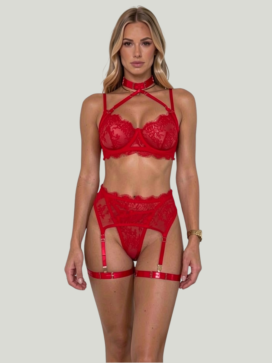 MONICA - RED HARNESS LINGERIE SET