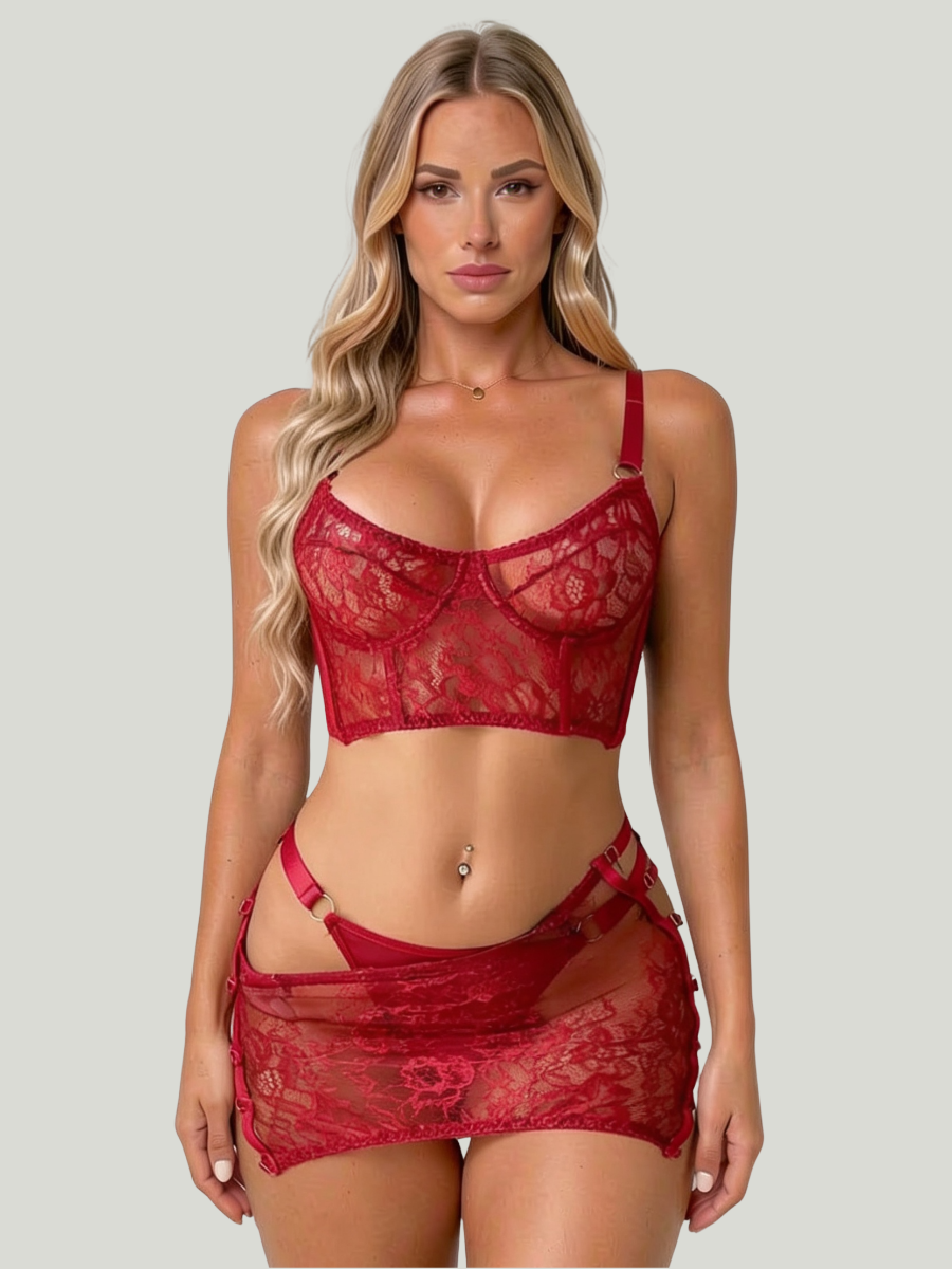THEA - BURGUNDY LACE LINGERIE SET